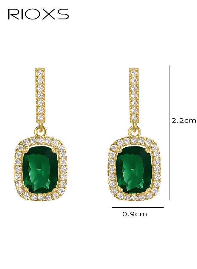 RIOXS Halo Square Green Emerald Dangle Hoop Earrings, Gold Plated Earrings Jewelry for Women - Image 4