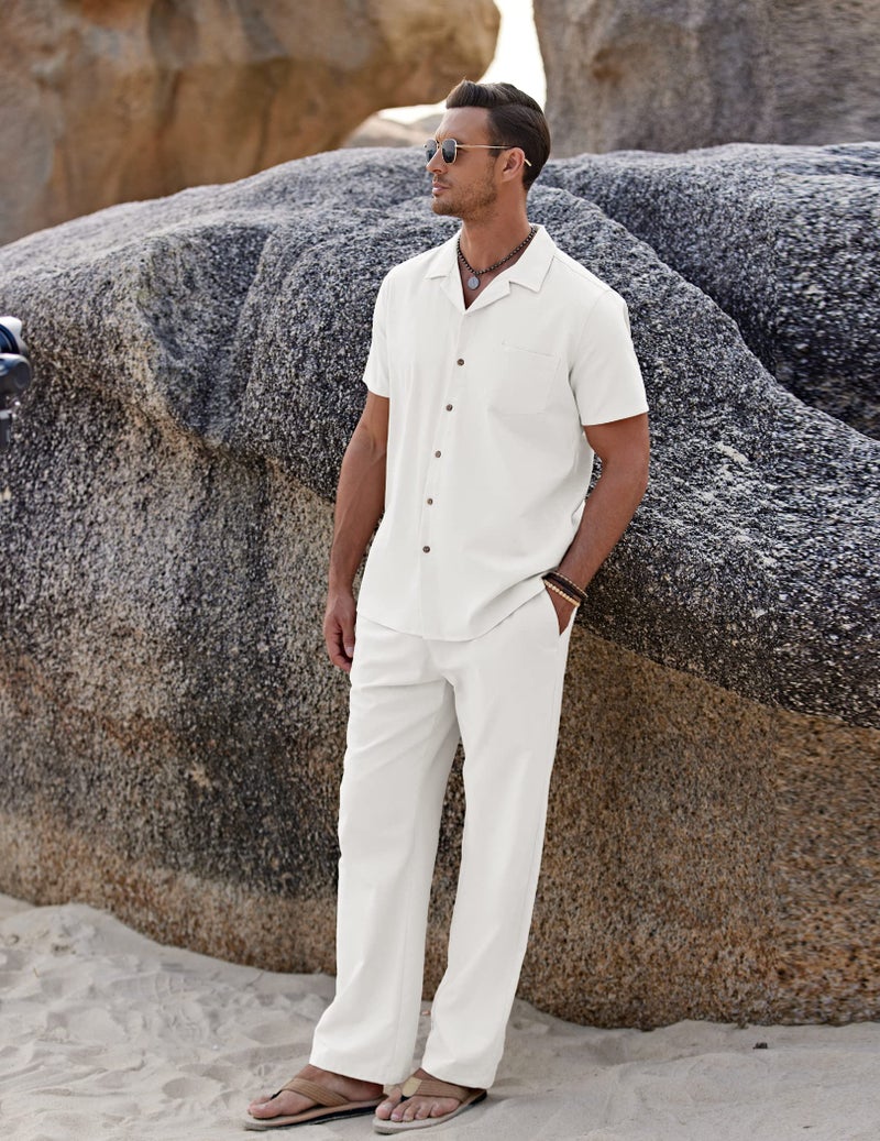 COOFANDY Mens Casual 2 Piece Outfit Set Beach Pant Guayabera Shirts - Image 4