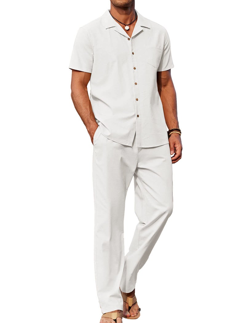 COOFANDY Mens Casual 2 Piece Outfit Set Beach Pant Guayabera Shirts - Image 1