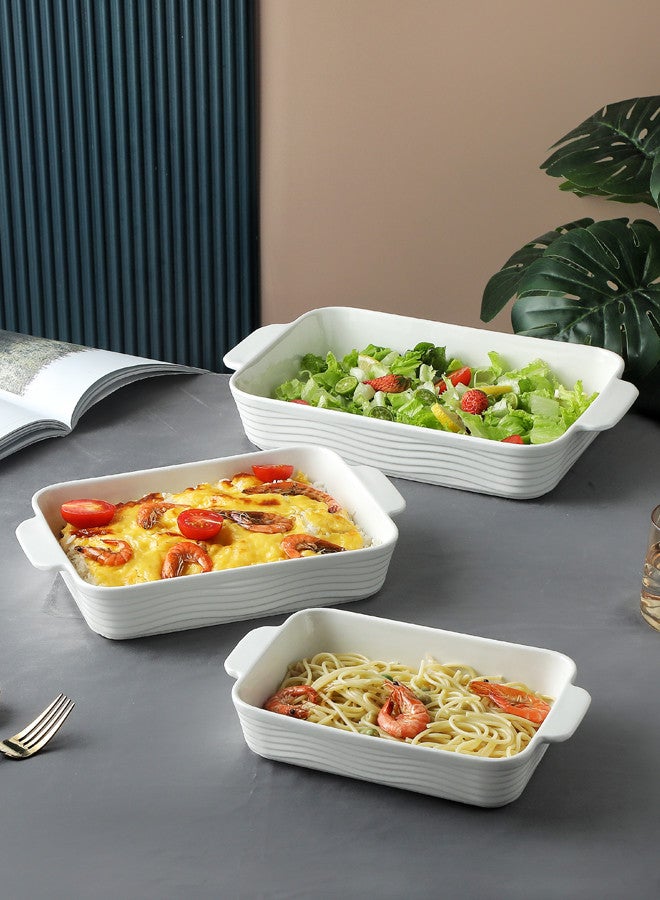 3-Piece Rectangular Porcelain Baking Dish Set, Sizes 10 + 12 + 14 Inch White