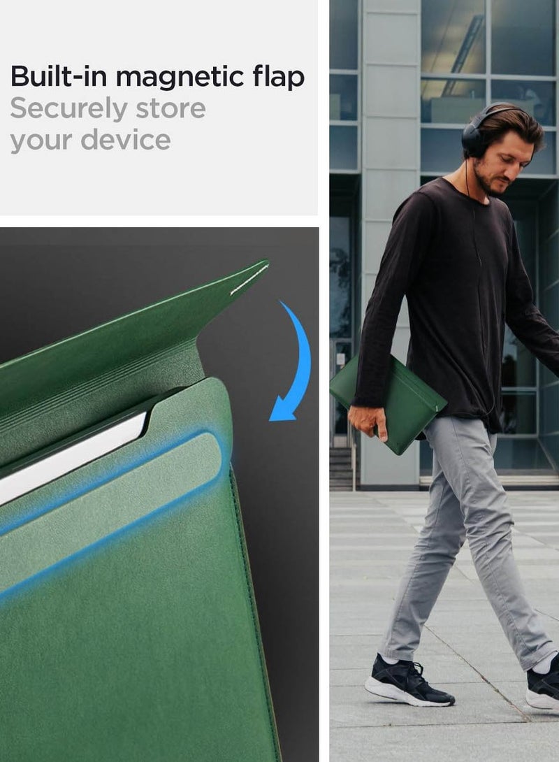 Spigen حقيبة كمبيوتر محمول Valentinus S مقاس 15 و15.6 و16 بوصة لجهاز MacBook Pro مزودة بغطاء مغناطيسي مدمج مع [حامل قابل للطي] وحقيبة كمبيوتر محمول جلدية - أخضر جيجو - Image 3