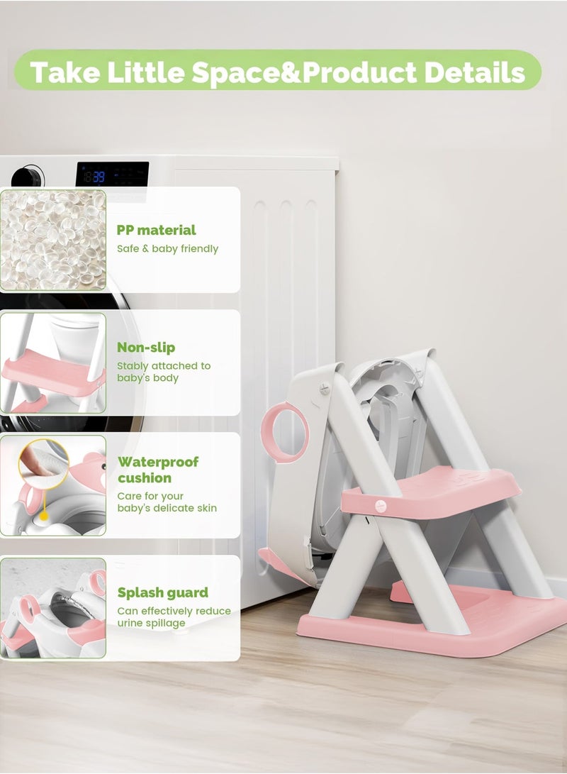 كيسويت مقعد تدريب على استخدام المرحاض 2 في 1، مقعد تدريب للأطفال على استخدام المرحاض مع كرسي متدرج، كرسي قابل للطي محمول مع سلم قابل لتعديل الارتفاع، مقبض أمان، وسادة ناعمة بيضاء للأطفال الرضع والصغار من الأولاد والبنات - Image 2