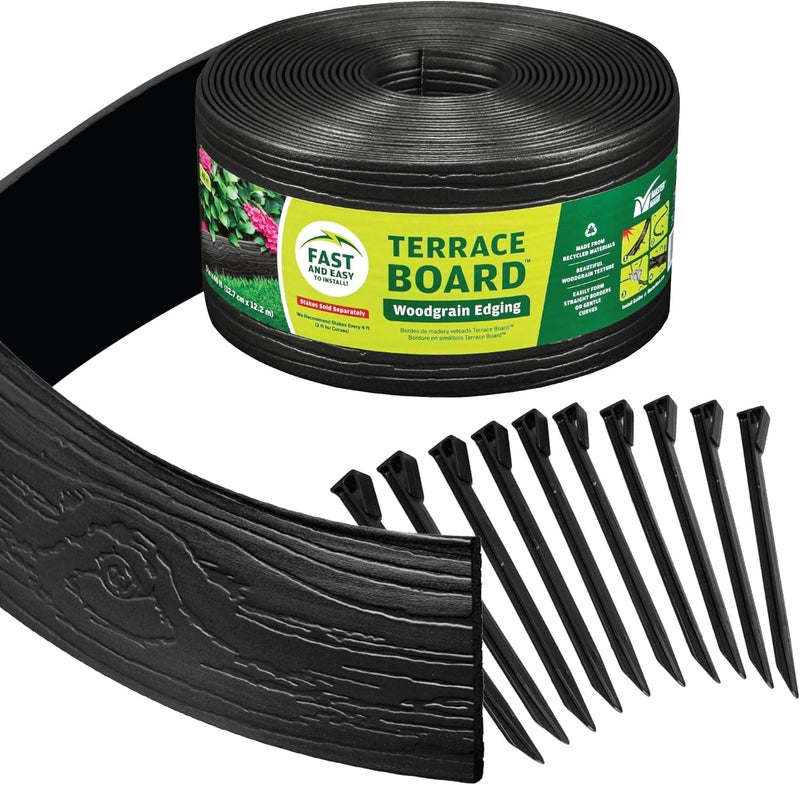 MasterMark Terrace Board, Landscape Coiled Edging, Grass Barrier, Bender Board, Flower Bed, Vegetable Garden Borders 5 in. x 40 ft. with 10 Stakes (Black) - Image 1