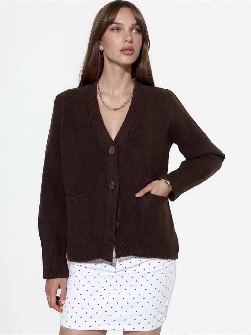فيورنا VIORNA Women's Ribbed V-neck Button Cardigan