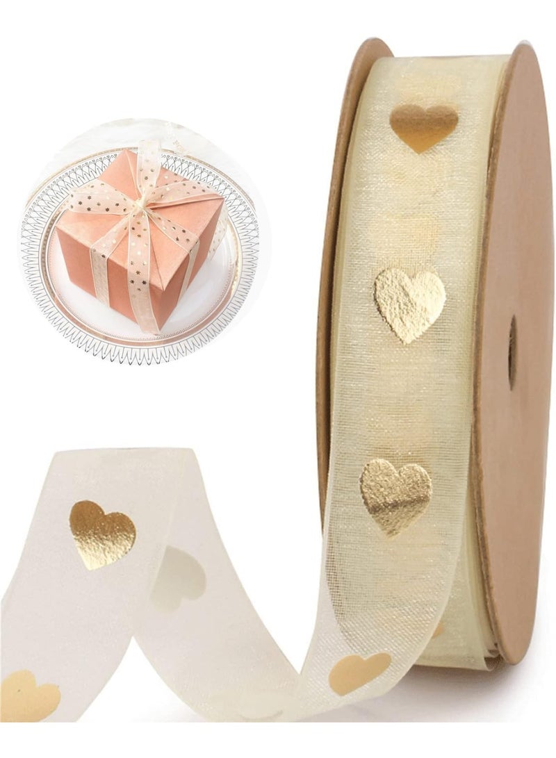 fantasize Snow Yarn Ribbon, Gold Heart Sheer Ribbon, for Birthday, Mother's Day, Valentine's Day, Snow Yarn Material for Crafts, Gift Wrapping, Birthday Party Decorations, 5/8 inch x 10 Yards - Image 1