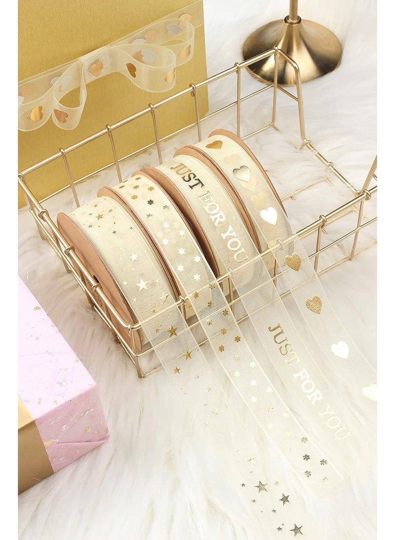 fantasize Snow Yarn Ribbon, Gold Heart Sheer Ribbon, for Birthday, Mother's Day, Valentine's Day, Snow Yarn Material for Crafts, Gift Wrapping, Birthday Party Decorations, 5/8 inch x 10 Yards - Image 3