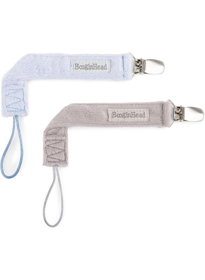 BooginHead Luxe Pacifier Holder Baby Pacifier Clips 2-Pack, Plush Blue and Gray - Image 1