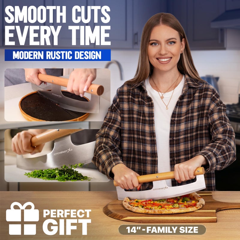 kitchen-star KitchenStar 14-Inch Pizza Cutter Rocker Blade - Razor Sharp Stainless Steel Slicer Knife, Stylish Beech Wood Handle, Protective Cover - Professional Pizza Oven Accessories, Silver - Image 2