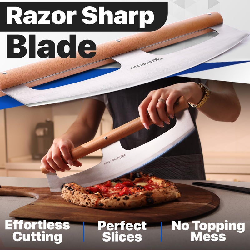 kitchen-star KitchenStar 14-Inch Pizza Cutter Rocker Blade - Razor Sharp Stainless Steel Slicer Knife, Stylish Beech Wood Handle, Protective Cover - Professional Pizza Oven Accessories, Silver - Image 3