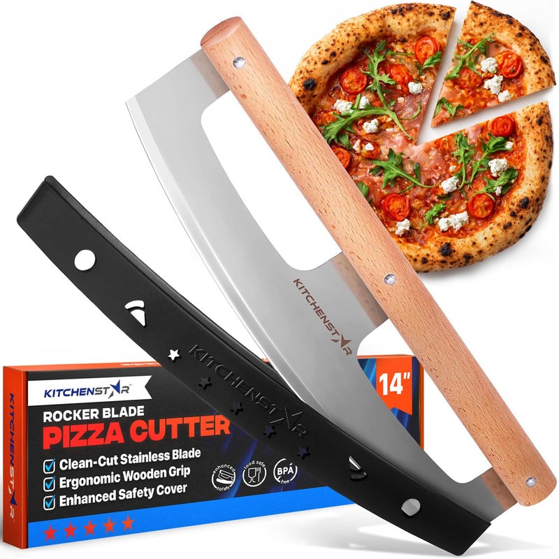 kitchen-star KitchenStar 14-Inch Pizza Cutter Rocker Blade - Razor Sharp Stainless Steel Slicer Knife, Stylish Beech Wood Handle, Protective Cover - Professional Pizza Oven Accessories, Silver - Image 1