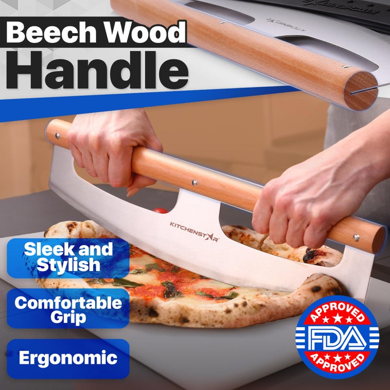 kitchen-star KitchenStar 14-Inch Pizza Cutter Rocker Blade - Razor Sharp Stainless Steel Slicer Knife, Stylish Beech Wood Handle, Protective Cover - Professional Pizza Oven Accessories, Silver - Image 4