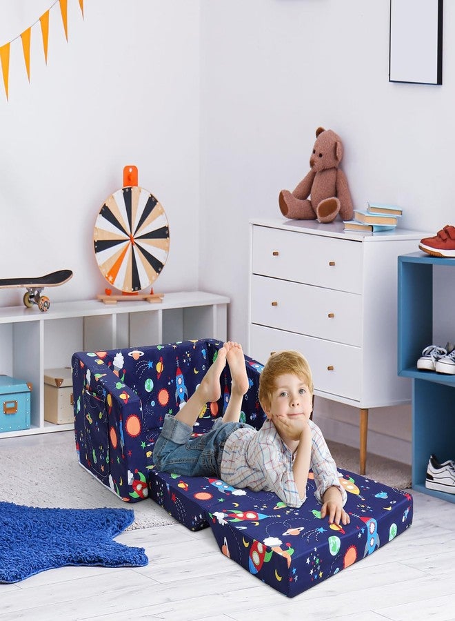 decalsweet Kids Couch Convertible Sofa to Lounger for Toddler Boy, Foldable 2-in-1 Kids Sofa Bed, Toddler Chairs Comfy for Bedroom Playroom, Blue Rocket - Image 3