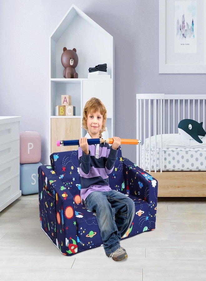 decalsweet Kids Couch Convertible Sofa to Lounger for Toddler Boy, Foldable 2-in-1 Kids Sofa Bed, Toddler Chairs Comfy for Bedroom Playroom, Blue Rocket - Image 2