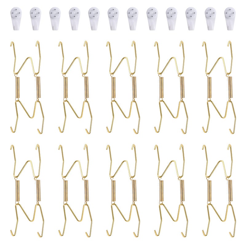 Fasunry 10 Piece Plate Hangers 4 Inch Invisible Brass Wall Plate Hangers Comes with 12 Piece Wall Hooks for Decorative Plates