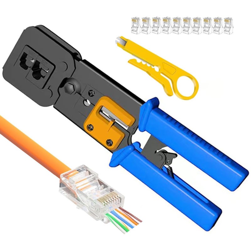 Cp Tech RJ45 Crimping Tool Kit for Cat5 Cat5e Cat6 with 25PCS Ethernet Pass-Through Connectors, Wire Stripper. - Image 1
