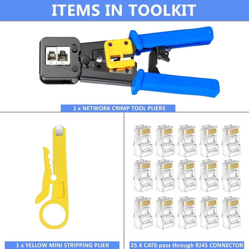 Cp Tech RJ45 Crimping Tool Kit for Cat5 Cat5e Cat6 with 25PCS Ethernet Pass-Through Connectors, Wire Stripper. - Image 2