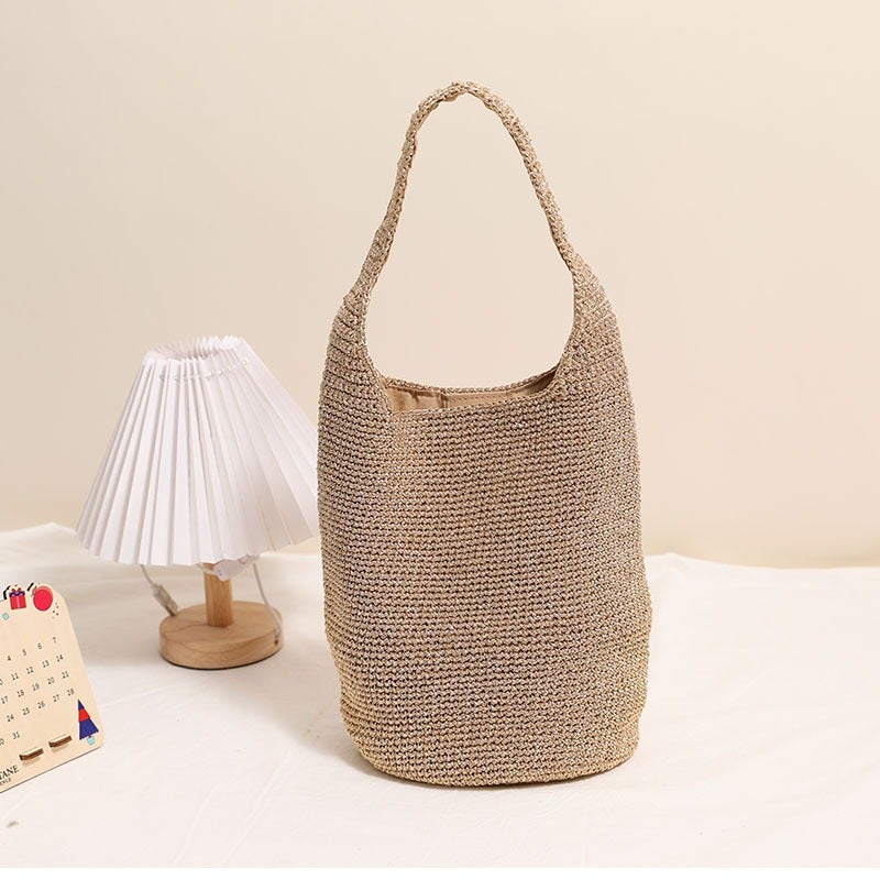 Casual Large Capacity Shoulder Straw Woven Bag New Fashion Portable Bucket Woven Bag Holiday Beach Bag All-Match Women'S Bag - Image 4