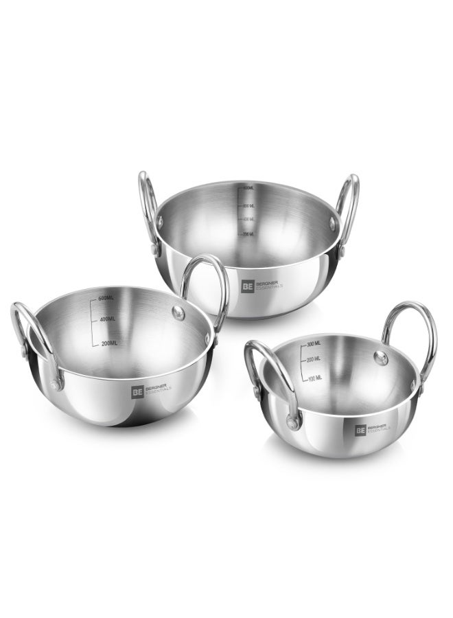 Bergner BE Essentials Tri-Ply Stainless Steel Junior Kadai Set of 3 Pcs with Sizes 10 cm (500ml), 12cm (600ml), 14cm (800ml), 3 Pcs Mini Kadhai Set, Less Oil Use - Gas Stove Compatible - Image 1