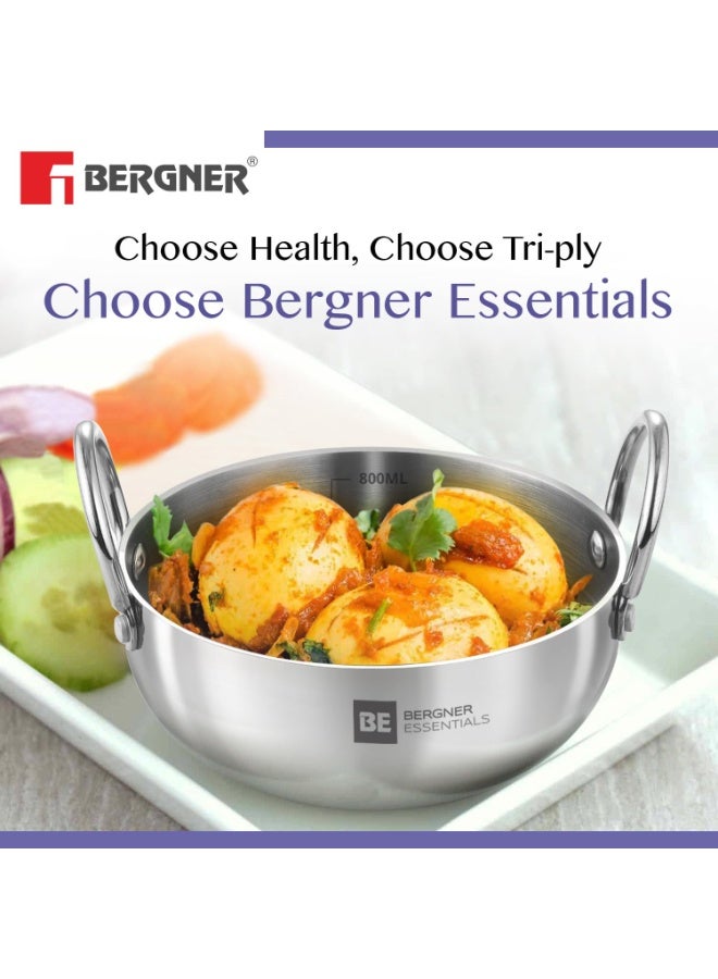 Bergner BE Essentials Tri-Ply Stainless Steel Junior Kadai Set of 3 Pcs with Sizes 10 cm (500ml), 12cm (600ml), 14cm (800ml), 3 Pcs Mini Kadhai Set, Less Oil Use - Gas Stove Compatible - Image 3