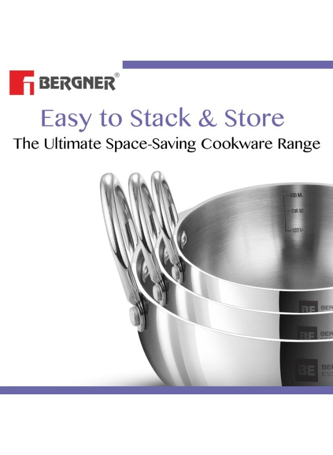 Bergner BE Essentials Tri-Ply Stainless Steel Junior Kadai Set of 3 Pcs with Sizes 10 cm (500ml), 12cm (600ml), 14cm (800ml), 3 Pcs Mini Kadhai Set, Less Oil Use - Gas Stove Compatible - Image 2