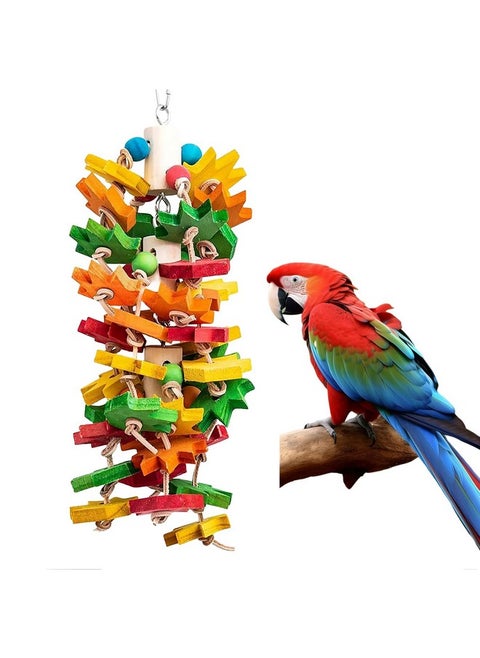 Parrot Chewing Toy for Large and Small Parrots and Birds, Natural Wood Block Tearing Toy with Multicolored Maple Leaf Design, Beak Trimming Toy for African Grey Cockatoos and Amazon Parrots.