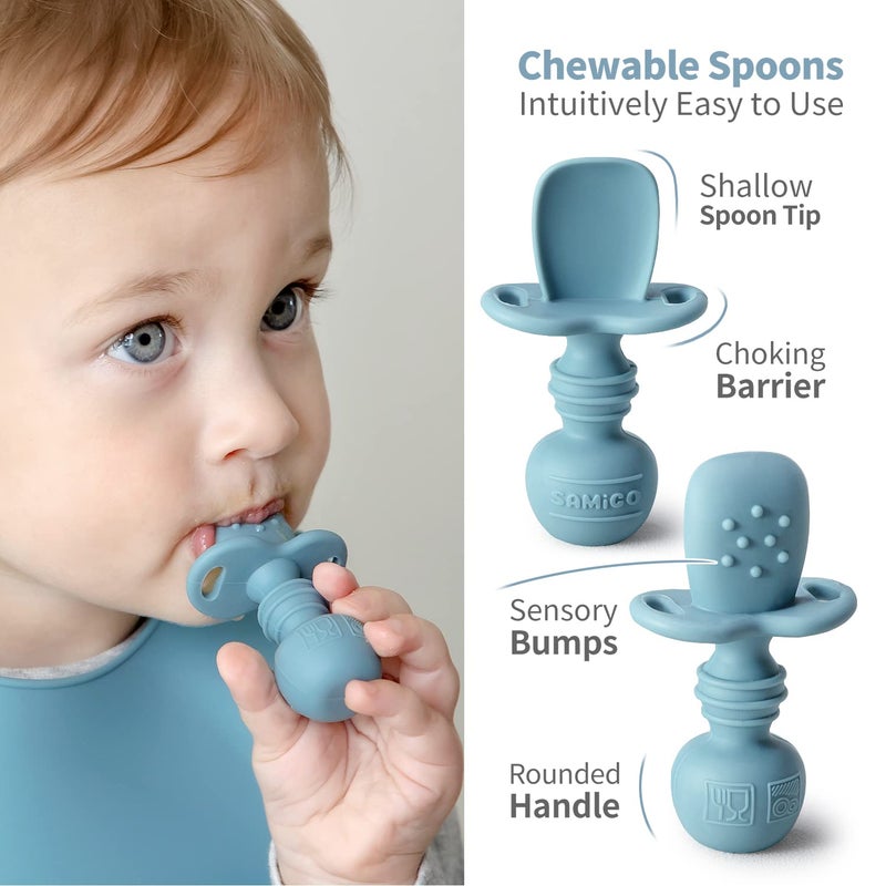 SAMiGO Silicone Baby Feeding Set, Baby Led Weaning Supplies, Suction Bowl Plate Bib Cup Self Feeding Spoons, Solid Food Eating Essentials, First Stage Utensils, 6+ Months - Image 5