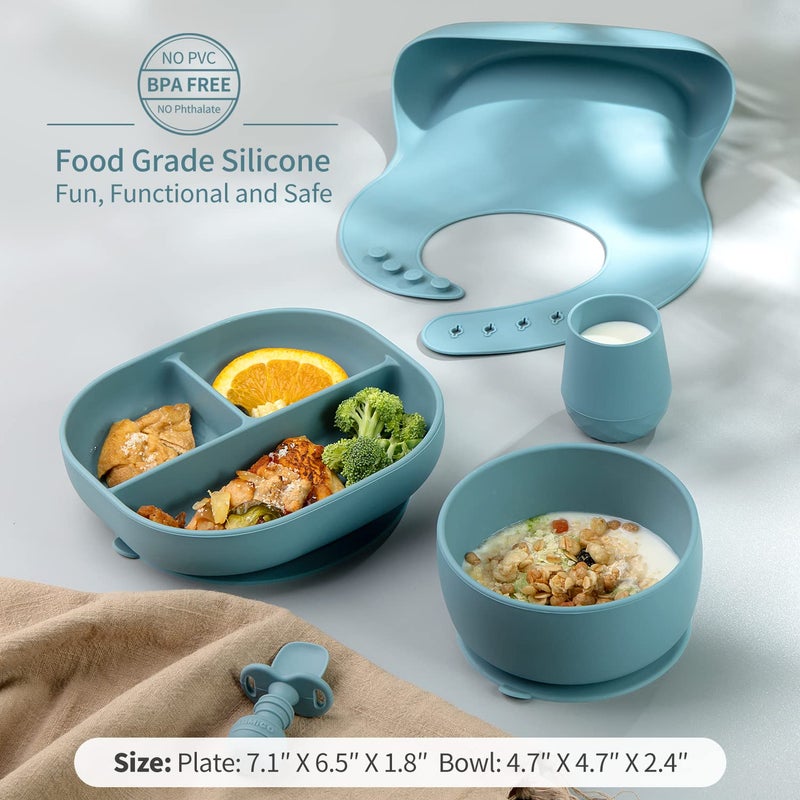SAMiGO Silicone Baby Feeding Set, Baby Led Weaning Supplies, Suction Bowl Plate Bib Cup Self Feeding Spoons, Solid Food Eating Essentials, First Stage Utensils, 6+ Months - Image 4
