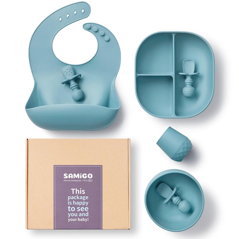 SAMiGO Silicone Baby Feeding Set, Baby Led Weaning Supplies, Suction Bowl Plate Bib Cup Self Feeding Spoons, Solid Food Eating Essentials, First Stage Utensils, 6+ Months - Image 1