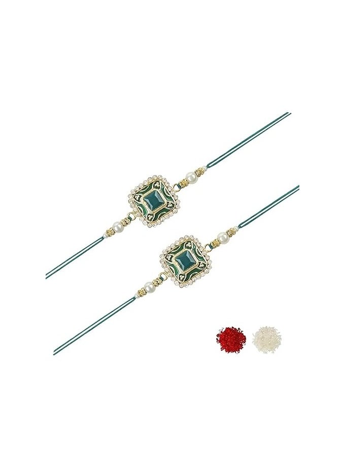 I Jewels I Jewels Pearl and Kundan Designer Bhaiya Rakhi With Roli Chawal and Rakshabandhan Card for Bro/Brother/Bhai (Pack Of 2)  - Image 1