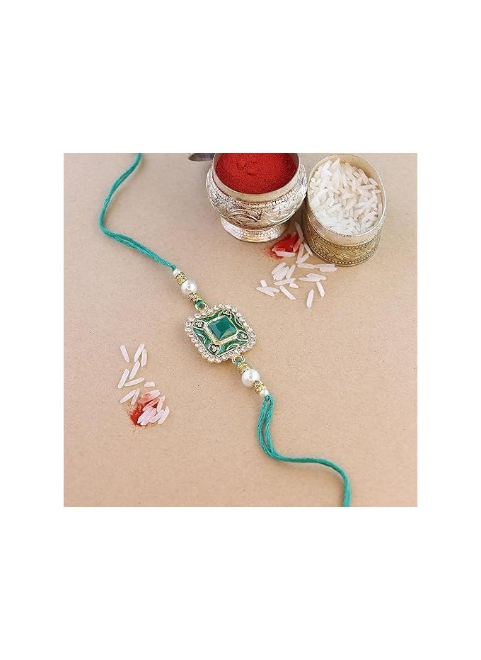 I Jewels I Jewels Pearl and Kundan Designer Bhaiya Rakhi With Roli Chawal and Rakshabandhan Card for Bro/Brother/Bhai (Pack Of 2)  - Image 3