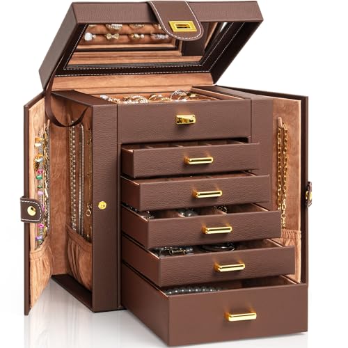 AKOZLIN Jewelry Box Organizer Functional Leather Jewelry Storage Case for Women Girls Ring Necklace Earring Bracelet Holder Organizer with Mirror Brown - Image 1