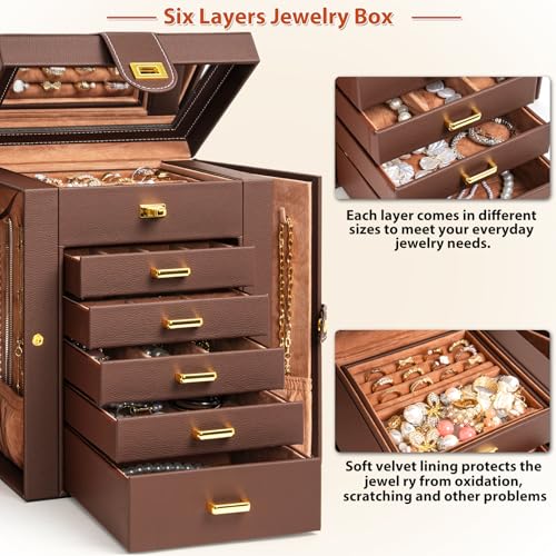 AKOZLIN Jewelry Box Organizer Functional Leather Jewelry Storage Case for Women Girls Ring Necklace Earring Bracelet Holder Organizer with Mirror Brown - Image 3