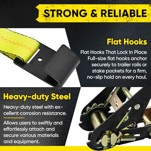 Bolvixor 4 Pack Car Tie Down Straps for Trailers - 2" x 96" - 9900LBS Break Strength - Heavy Duty Tire Ratchet Straps with Flat Hooks for Hauling UTV, SUV, Truck, Any Cars - Image 3