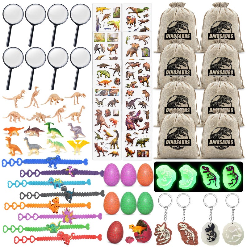 FEMBW Dinosaur Party Favors for Kids,Dino Birthday Toys with Hatchable Eggs,Glow-in-the-Dark Keychains, Skeleton Models,3D Stickers & Magnifying Glass â€“ Dinosaur Themed Party Toys for Boys & Girls - Image 1