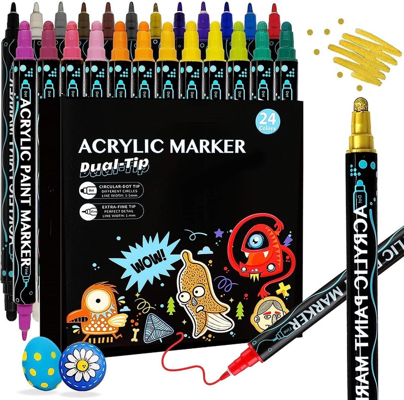 deziine deziine�Paint Markers Paint Pens 24 Colors, Acrylic Paint Pens Dual Tip for Wood, Canvas, Stone, Rock Painting, Glass, Ceramic, Acrylic Dot Markers Pen For DIY Crafts Making Art Supplies (24 COLOR)  - Image 1