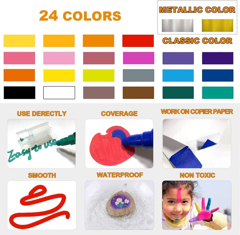 deziine deziine�Paint Markers Paint Pens 24 Colors, Acrylic Paint Pens Dual Tip for Wood, Canvas, Stone, Rock Painting, Glass, Ceramic, Acrylic Dot Markers Pen For DIY Crafts Making Art Supplies (24 COLOR)  - Image 2