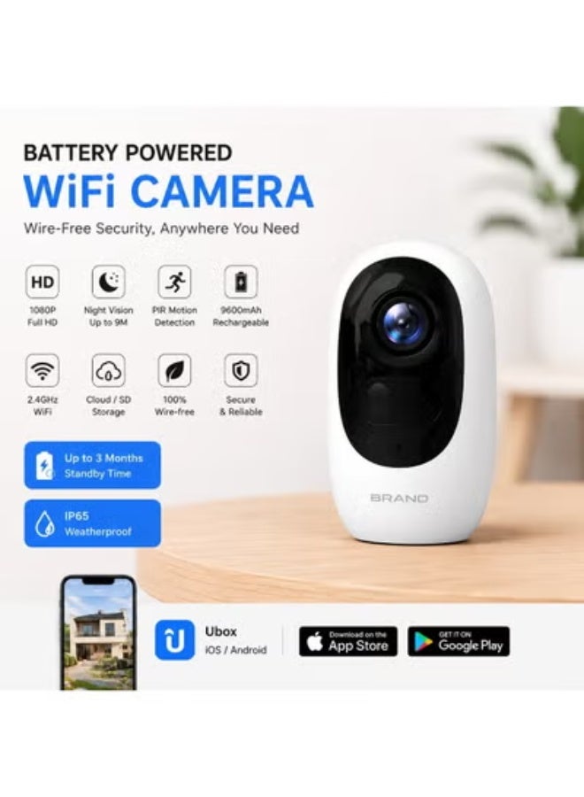 1080P Battery Powered WiFi Security Camera Wireless Outdoor, Full HD Home Surveillance Camera with Rechargeable Battery, Smart Motion Detection, Infrared & Full Color Night Vision, Two-Way Audio, Built-in Microphone and Speaker, IP65 Waterproof Weatherproof Design, Remote Mobile Viewing, SD Card Storage Support, Real-Time Motion Alerts, Wireless Easy Installation, Wide Angle Monitoring, Indoor & Outdoor CCTV Camera, Home Security System for House, Apartment, Farm, Office, Warehouse, Garage, Garden, Shop, Villa, Parking Area, Backyard, Front Door, Property Protection, 24/7 Surveillance, Live Video Streaming, Mobile App Control, Energy Efficient, Reliable Outdoor Monitoring Camera, Smart Wireless CCTV Solution - Image 1