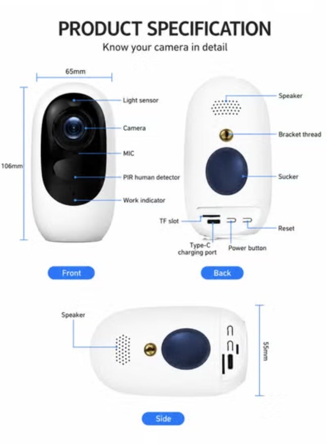 1080P Battery Powered WiFi Security Camera Wireless Outdoor, Full HD Home Surveillance Camera with Rechargeable Battery, Smart Motion Detection, Infrared & Full Color Night Vision, Two-Way Audio, Built-in Microphone and Speaker, IP65 Waterproof Weatherproof Design, Remote Mobile Viewing, SD Card Storage Support, Real-Time Motion Alerts, Wireless Easy Installation, Wide Angle Monitoring, Indoor & Outdoor CCTV Camera, Home Security System for House, Apartment, Farm, Office, Warehouse, Garage, Garden, Shop, Villa, Parking Area, Backyard, Front Door, Property Protection, 24/7 Surveillance, Live Video Streaming, Mobile App Control, Energy Efficient, Reliable Outdoor Monitoring Camera, Smart Wireless CCTV Solution - Image 4
