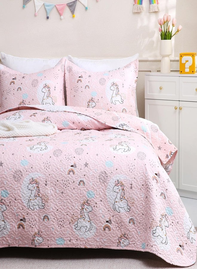 JSD Pink Unicorn Kids Quilt Set Full/Queen, Girls Printed Bedspread Coverlet with Pillow Shams, Soft Lightweight Summer Quilted Blanket - Image 1
