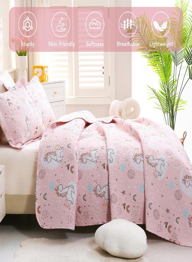 JSD Pink Unicorn Kids Quilt Set Full/Queen, Girls Printed Bedspread Coverlet with Pillow Shams, Soft Lightweight Summer Quilted Blanket - Image 5