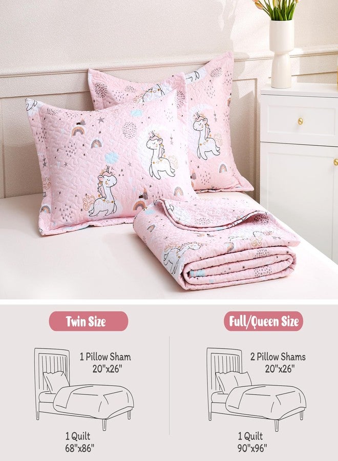 JSD Pink Unicorn Kids Quilt Set Full/Queen, Girls Printed Bedspread Coverlet with Pillow Shams, Soft Lightweight Summer Quilted Blanket - Image 2