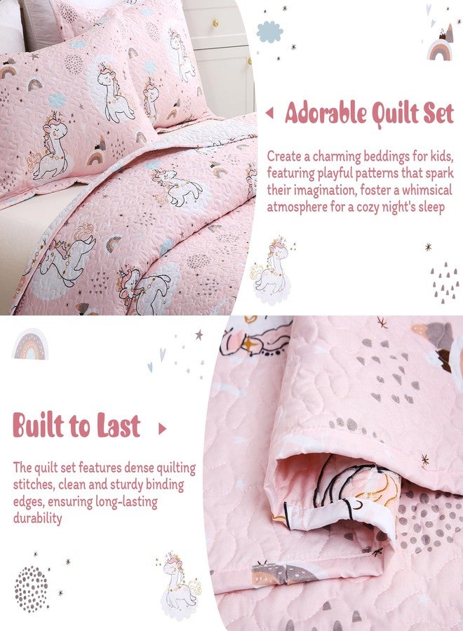 JSD Pink Unicorn Kids Quilt Set Full/Queen, Girls Printed Bedspread Coverlet with Pillow Shams, Soft Lightweight Summer Quilted Blanket - Image 3