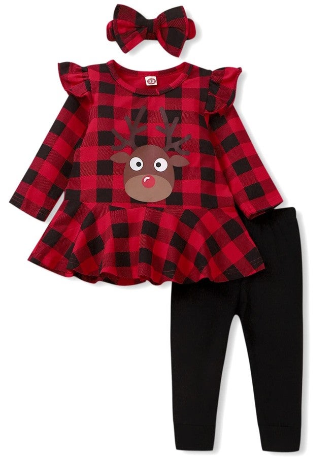 Aalizzwell Little Toddler Girls Christmas Outfits Deer Buffalo Plaid Tunic Tops Pants Xmas Clothes Set (Deer, 18-24 Months) - Image 1