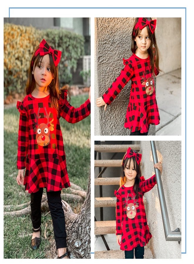 Aalizzwell Little Toddler Girls Christmas Outfits Deer Buffalo Plaid Tunic Tops Pants Xmas Clothes Set (Deer, 18-24 Months) - Image 2