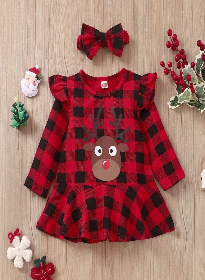 Aalizzwell Little Toddler Girls Christmas Outfits Deer Buffalo Plaid Tunic Tops Pants Xmas Clothes Set (Deer, 18-24 Months) - Image 3