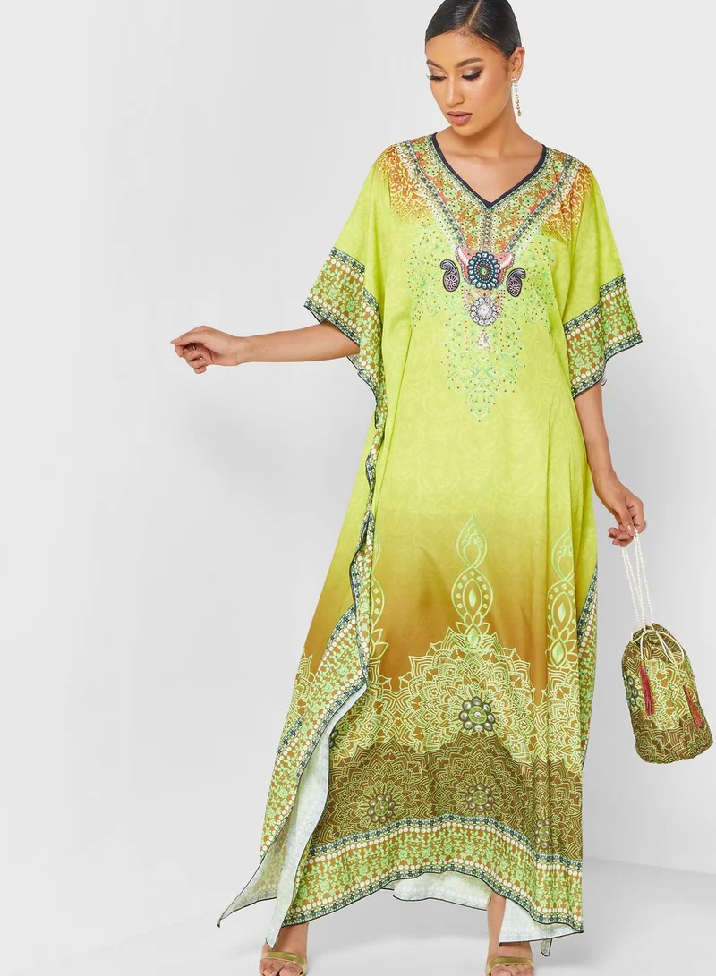 ARABIAN CLOSET Printed Kaftan With Pouch
