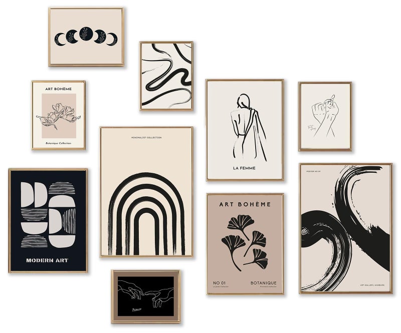 KBKBART Minimalist Boho Wall Art Prints 10 PCs Abstract Neutral Black Beige Women Body Line Flower Canvas Art Eclectic Home Decor for Room