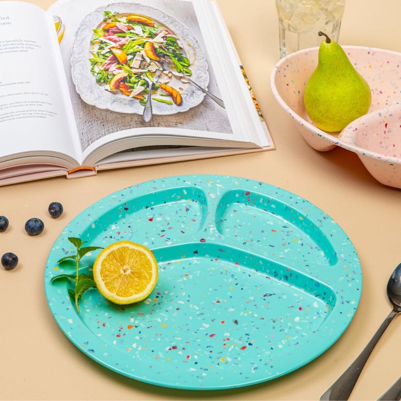 bzyoo 11Inch Divided Green Set of 2  Confetti Green BPAFree 100 Melamine Portion Control Plates Unbreakable Dishwasher Safe Plates with Dividers for Weight Loss Camping BBQ Parties Fun - Image 4