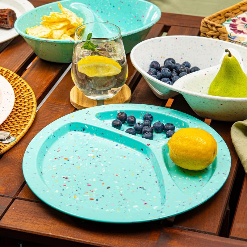 bzyoo 11Inch Divided Green Set of 2  Confetti Green BPAFree 100 Melamine Portion Control Plates Unbreakable Dishwasher Safe Plates with Dividers for Weight Loss Camping BBQ Parties Fun - Image 3