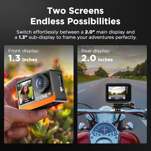 IZI One Lite 5K Action Camera 4K 60FPS 50MP Ultra HD Dual Screen EIS Stabilization 170° Wide Angle 30M Waterproof 2 Batteries 180 Min 18+ Accessories 256GB Support for Sports Bike Diving Vlog Travel - Image 4